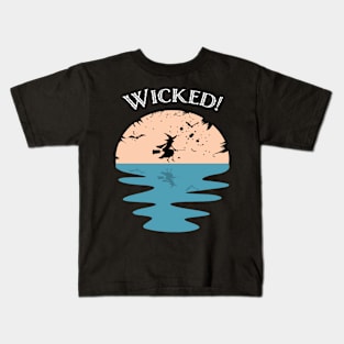 Halloween Wicked Witch Flying Bromstick Over Water Kids T-Shirt